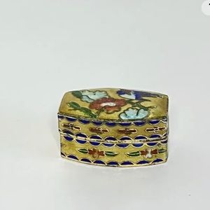 Vintage Hinged Gold Cloisonné Trinket Pill Box Gold Enamel Multi Floral Design